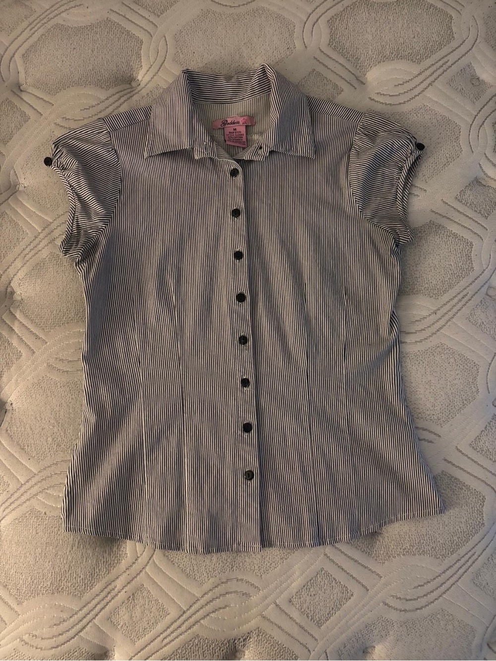 Goddess Black and White Striped Short Sleeve Button-Down Shirt